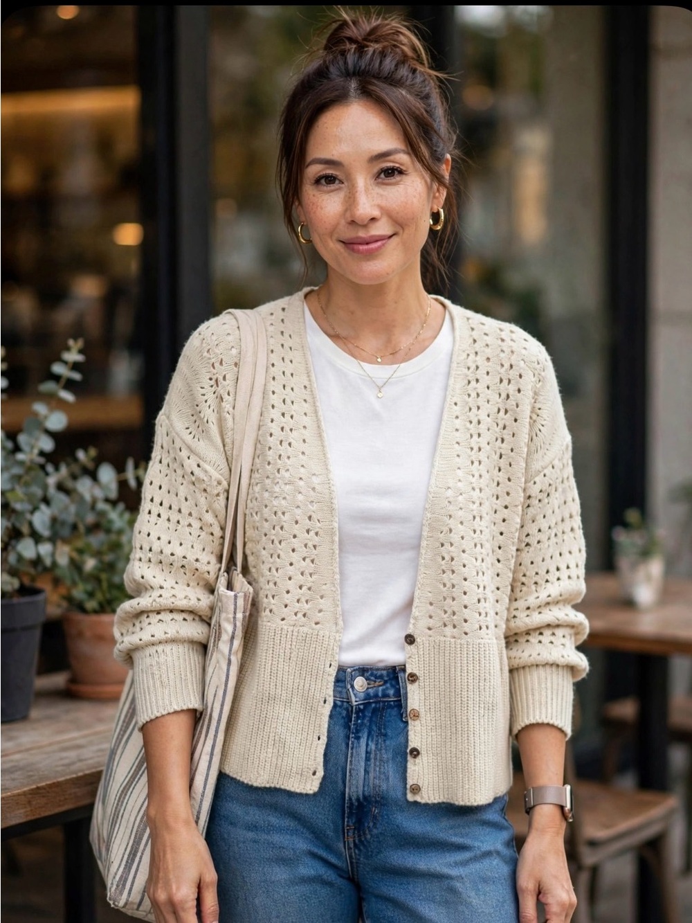 And The Why Beige Open Knit Cardigan Size M/L - Eyelet Crochet BOHO Oversized